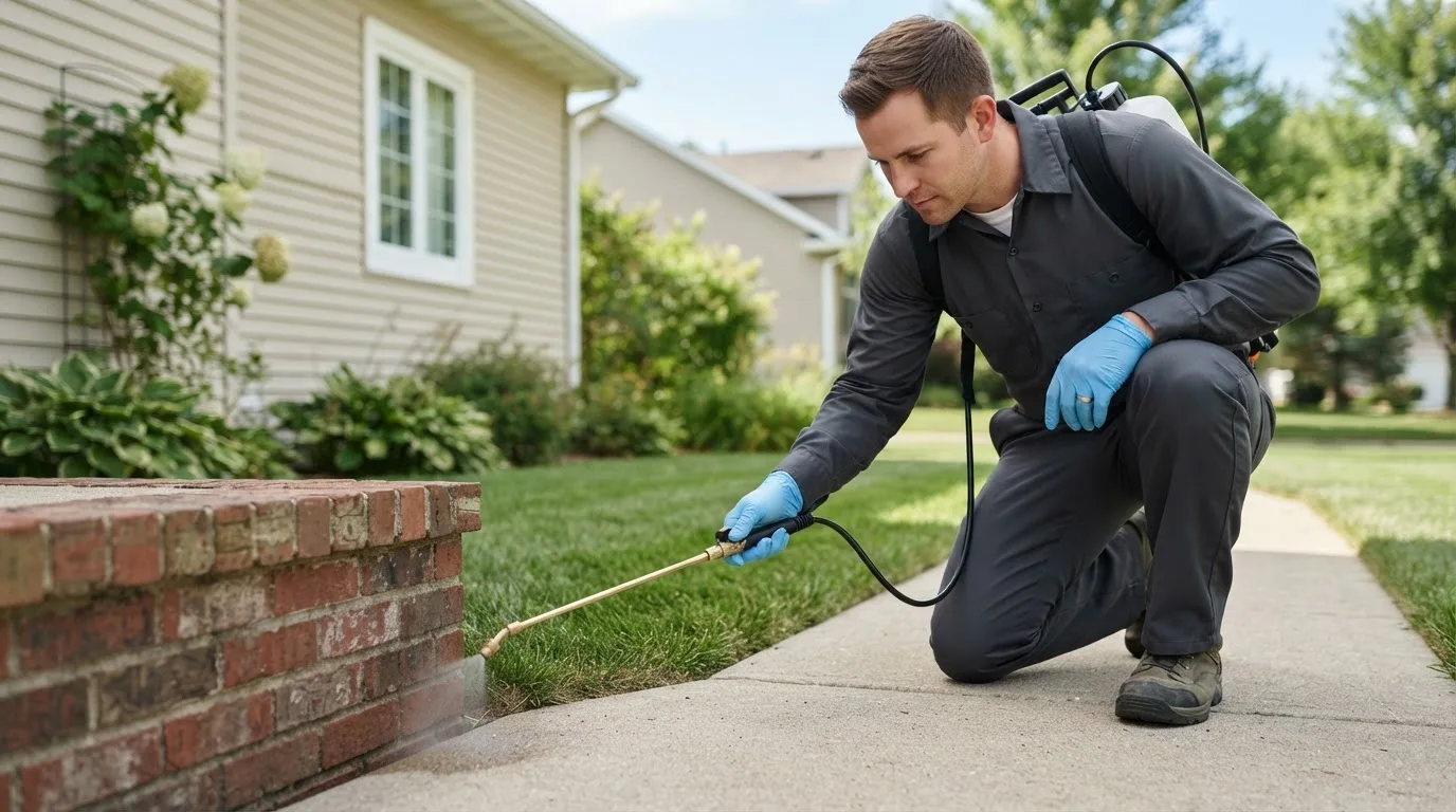 Pest control technician treating a home near Brookville, IN